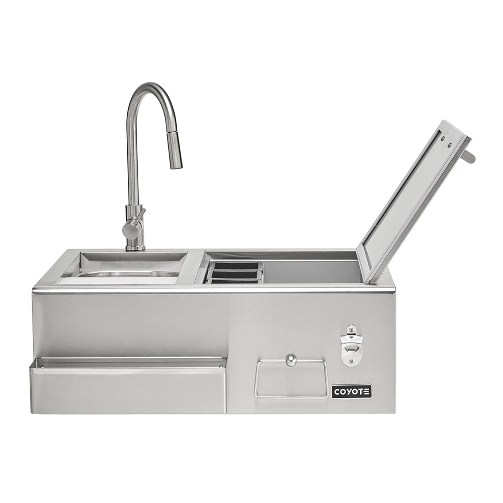 Stainless steel refreshment center with sink, tall faucet, and open top serving compartment