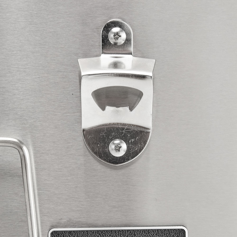 Stainless steel control latch and spout outlet on refreshment center front panel