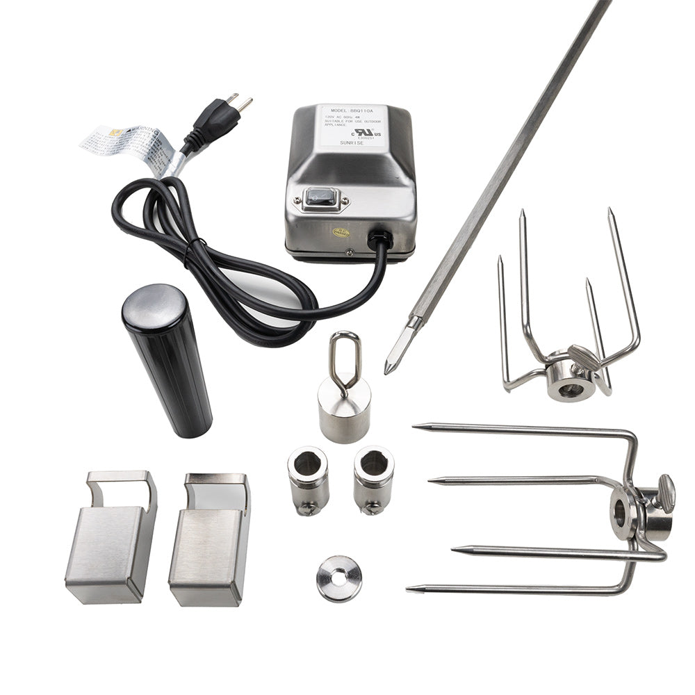 Rotisserie kit components: motor control box, fork set, spit rods, and mounting hardware