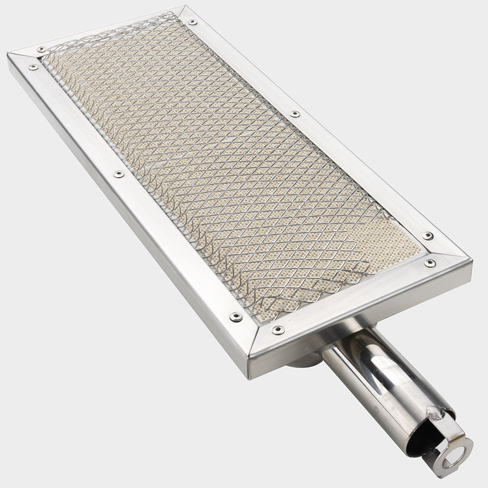 Stainless steel sear burner insert with metal mesh tray and gas valve outlet