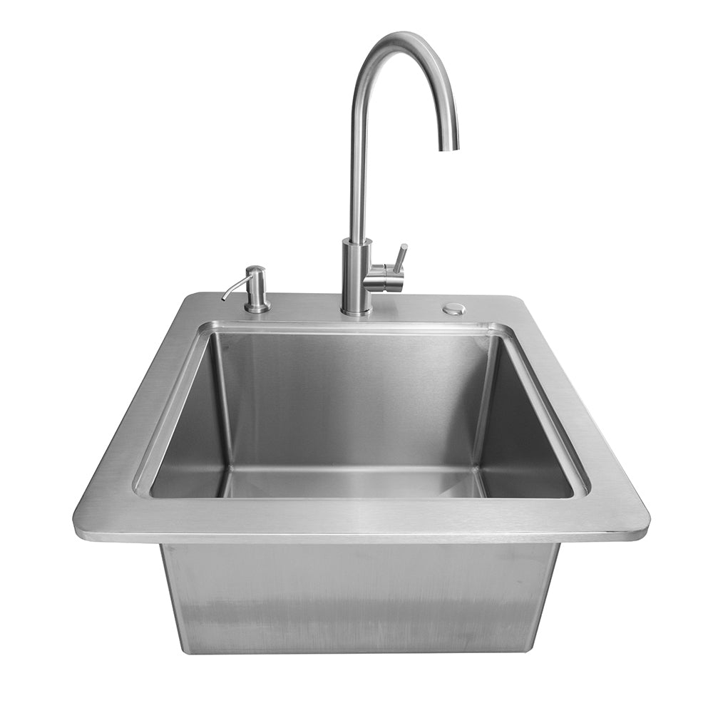 Stainless steel drop-in sink with faucet and drain, single rectangular basin