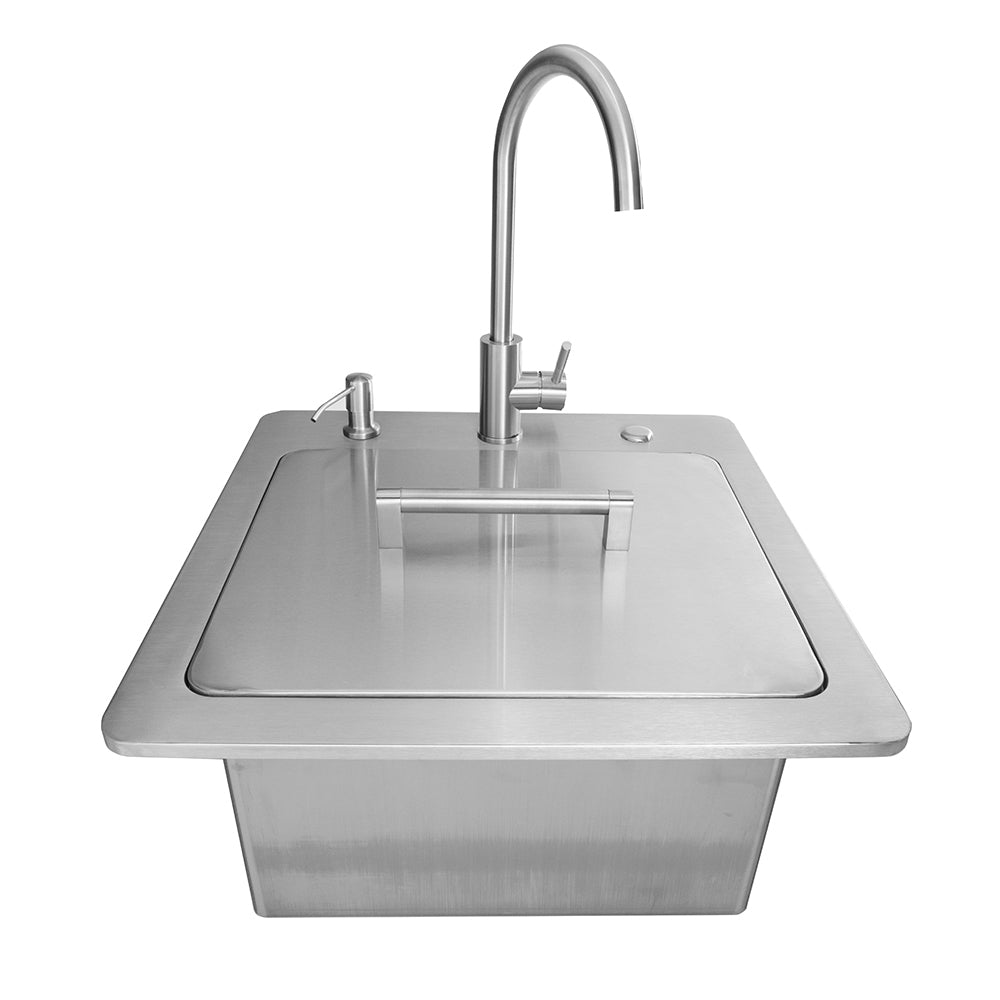 Stainless steel drop-in sink with faucet and drain, flat top and inset basin