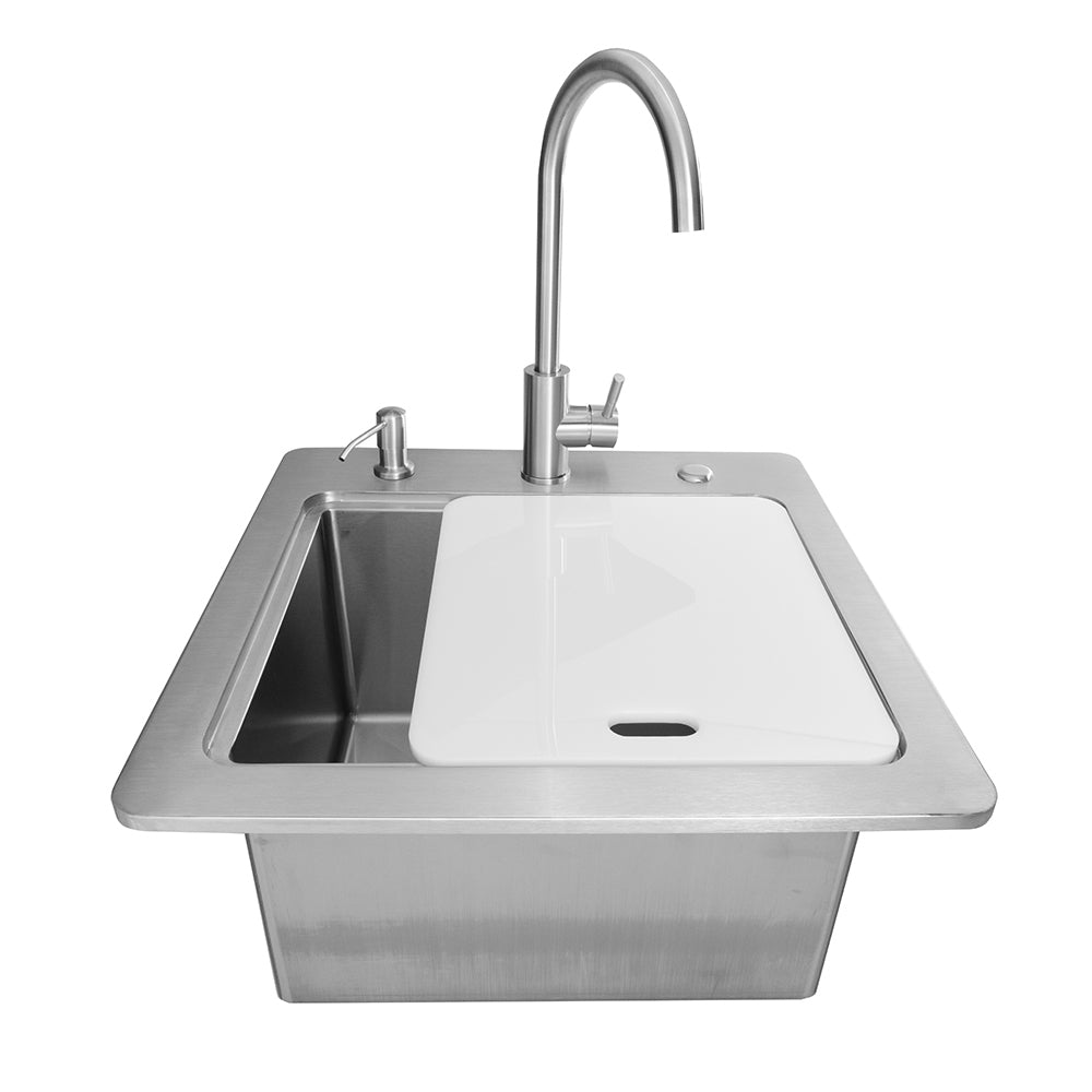 Stainless steel drop-in sink with faucet and drain, single basin with side opening