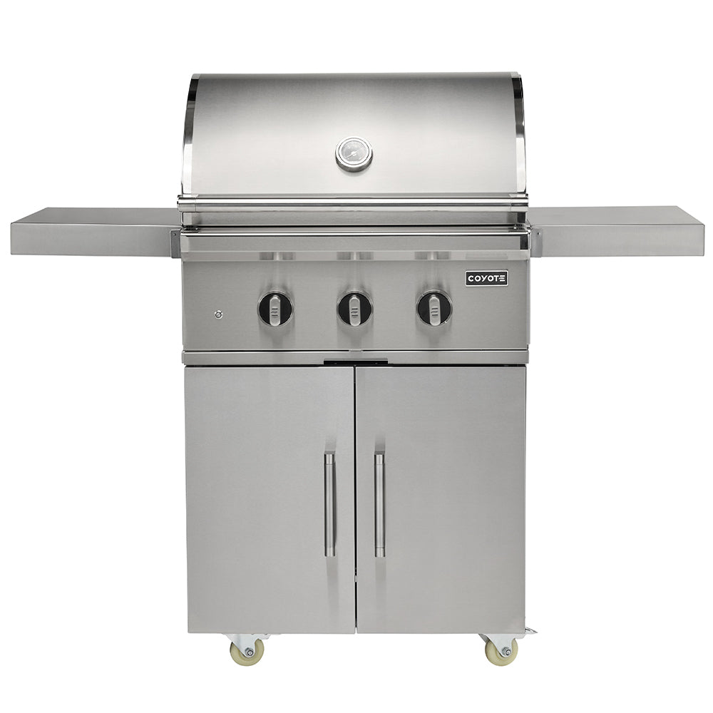 Stainless steel freestanding gas grill with front control knobs and hood