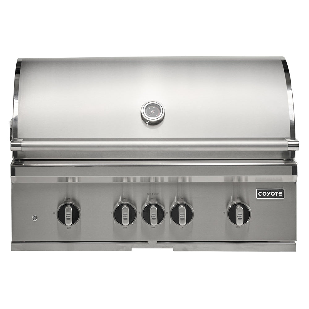 Stainless steel built-in gas grill front with control knobs and closed lid