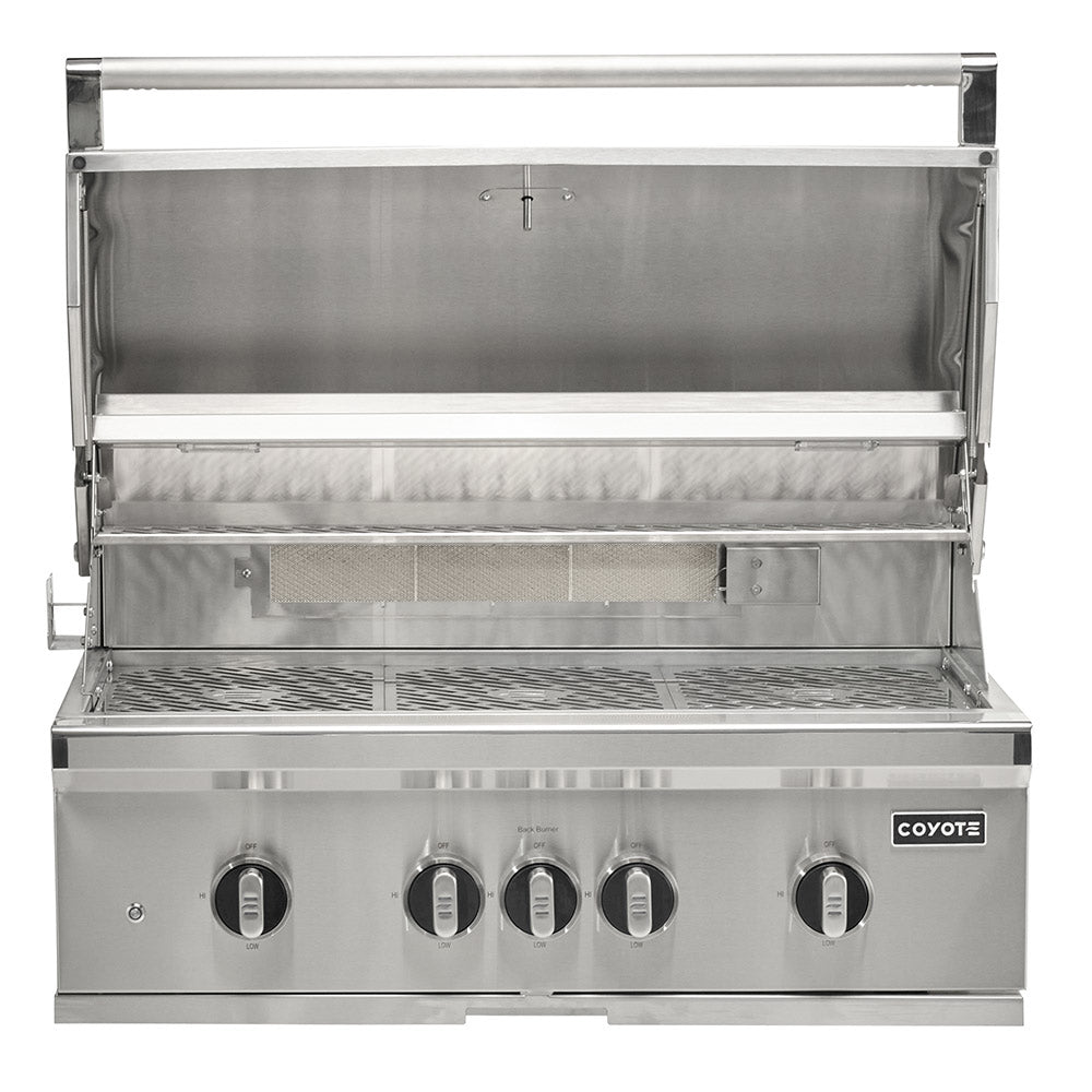 Stainless steel built-in gas grill with open lid and interior grilling racks