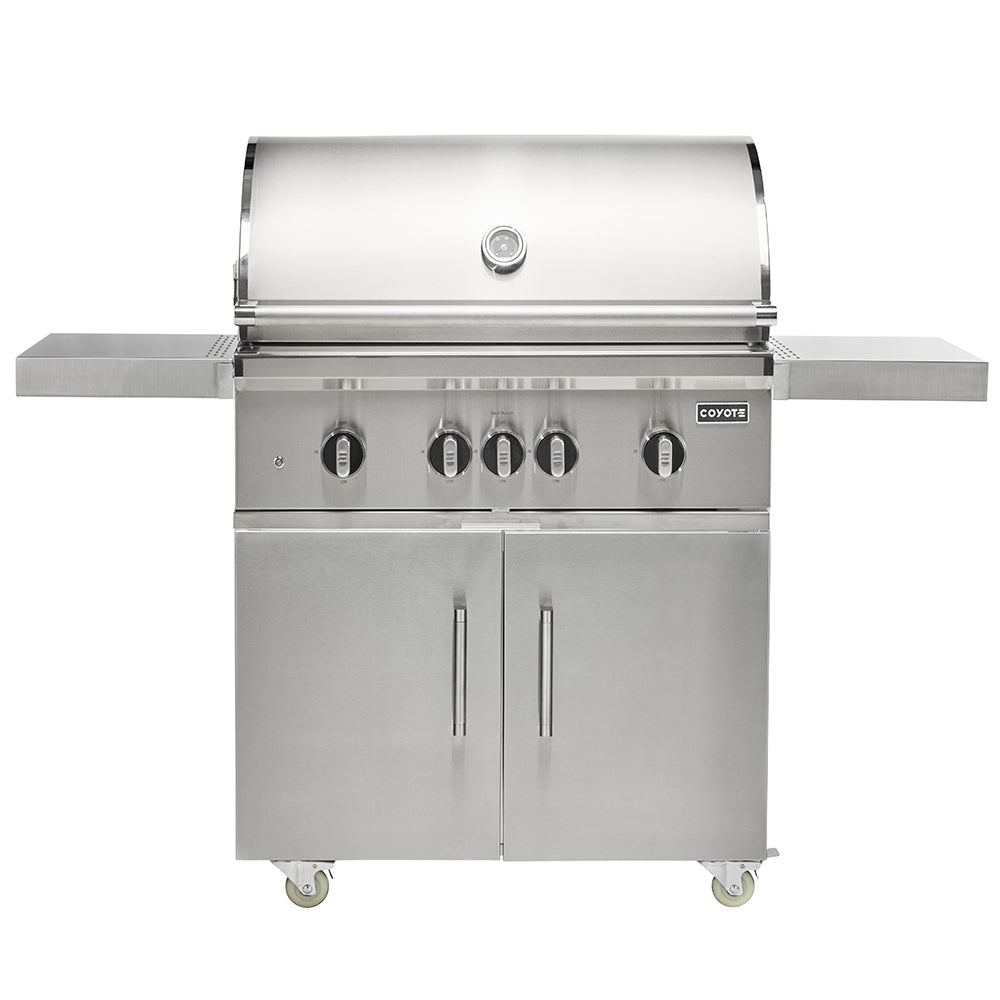 Coyote SL-Series stainless steel freestanding gas grill with control knobs and lid vent