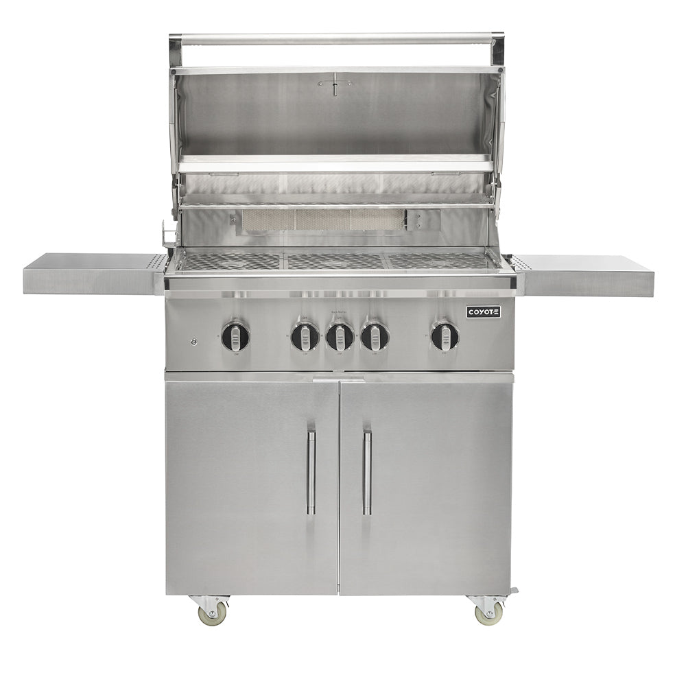 Coyote SL-Series stainless steel gas grill with hood open, burner controls, side shelves