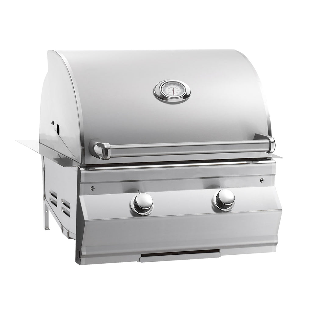 Stainless steel built-in gas grill with front control knobs and side handle