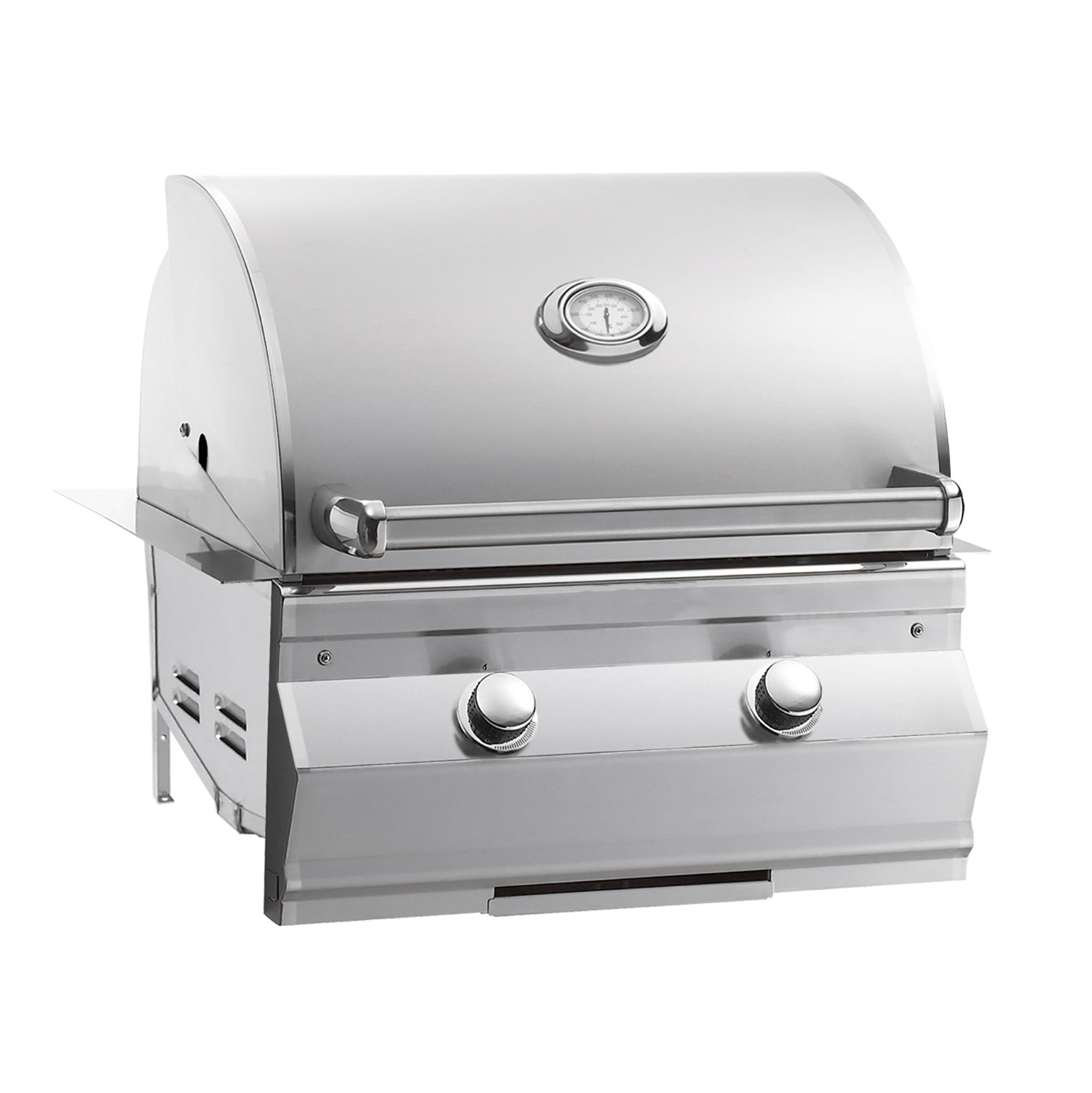 Stainless steel built-in gas grill with front control knobs and side handle
