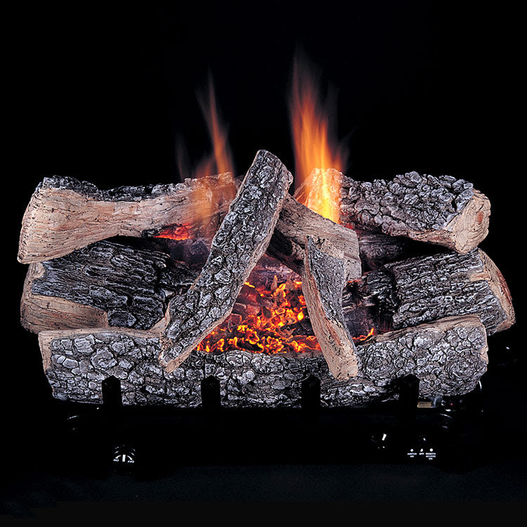 Ventless gas fireplace log set with glowing embers and visible flames
