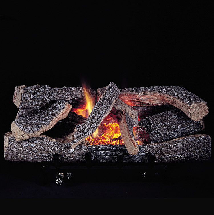 Ventless gas fireplace log set with burning logs and ember bed