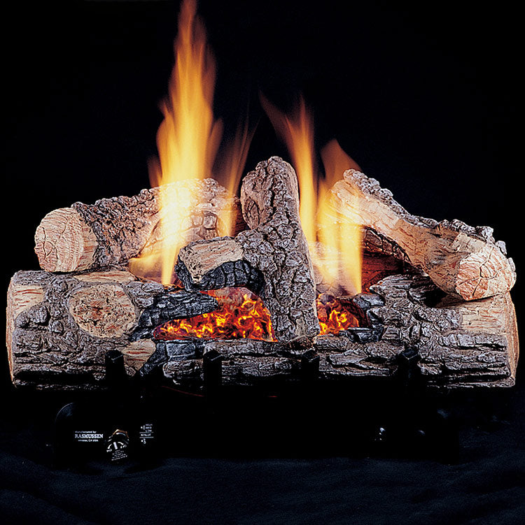 Ventless gas burner with glowing logs and tall open flames