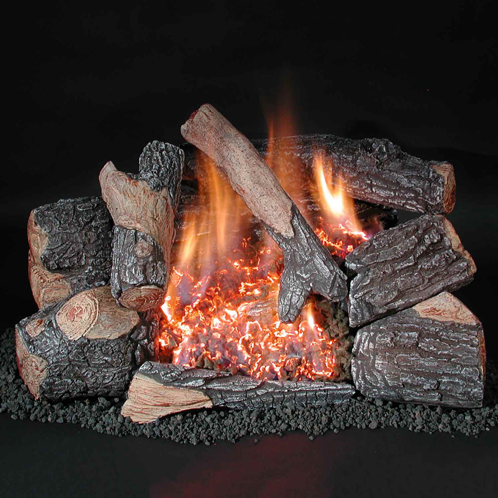Ventless double burner with burning logs and ember bed