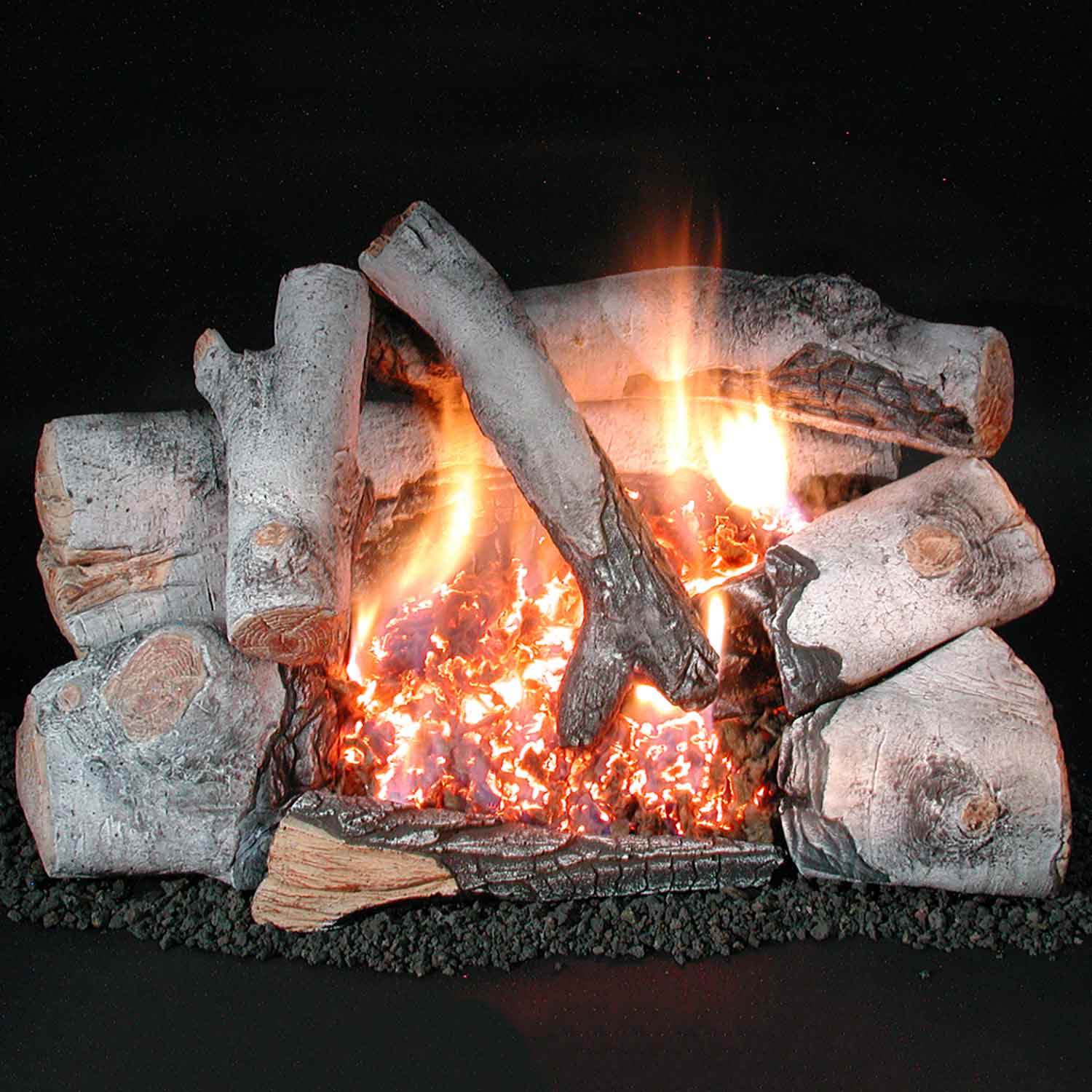Ventless double-burner fireplace insert with burning logs and glowing embers
