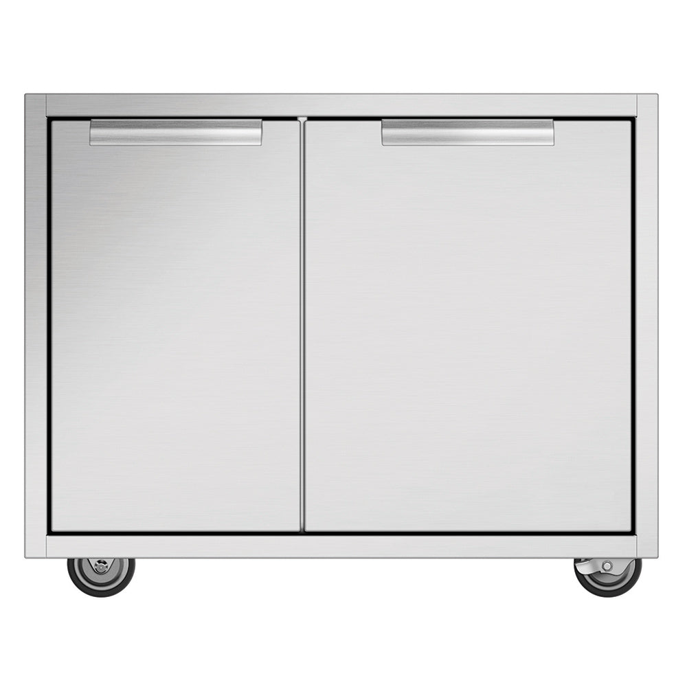 Stainless steel grill cart with two cabinet doors and four caster wheels