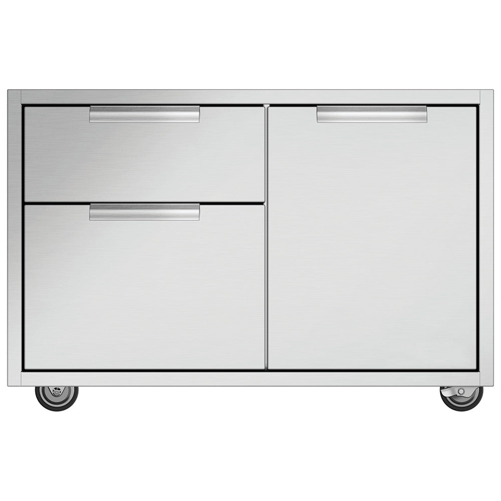 Stainless steel grill cart with two cabinet doors, two drawers, and four caster wheels