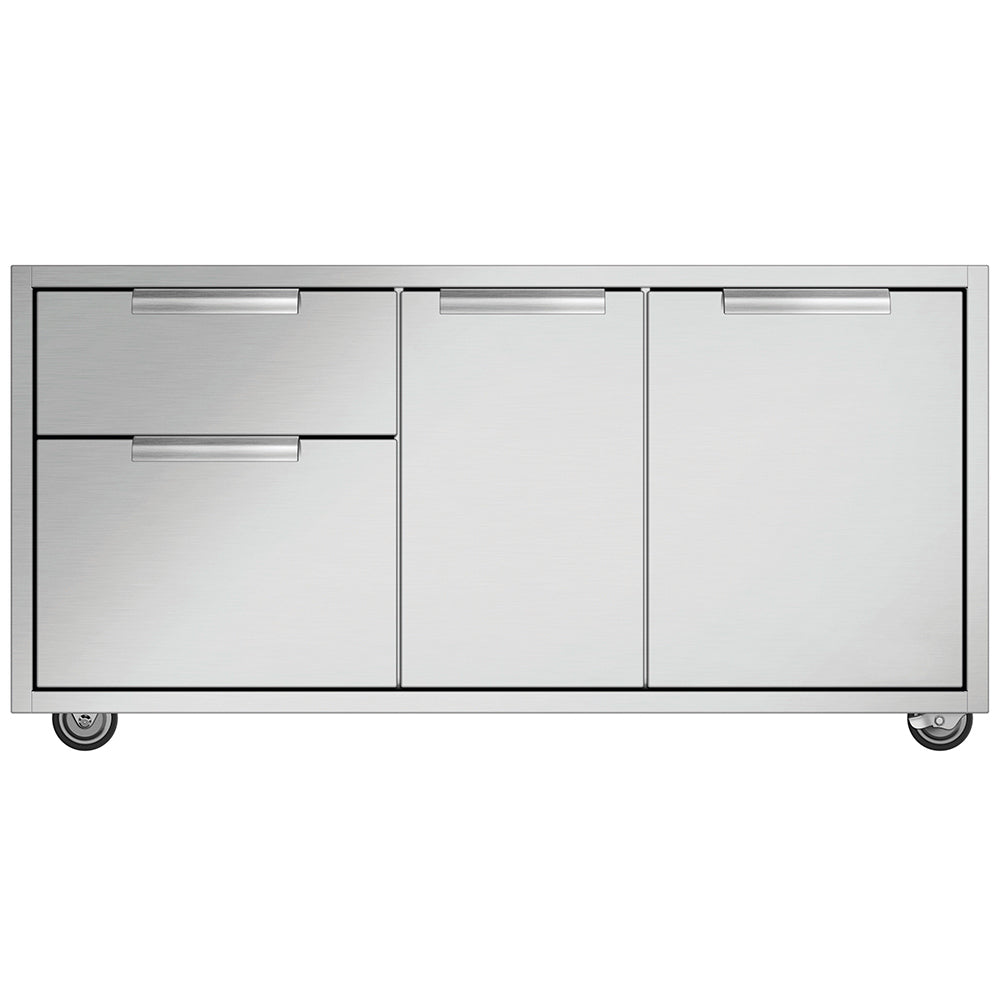 Stainless steel grill cart with cabinet doors, drawers, and four caster wheels