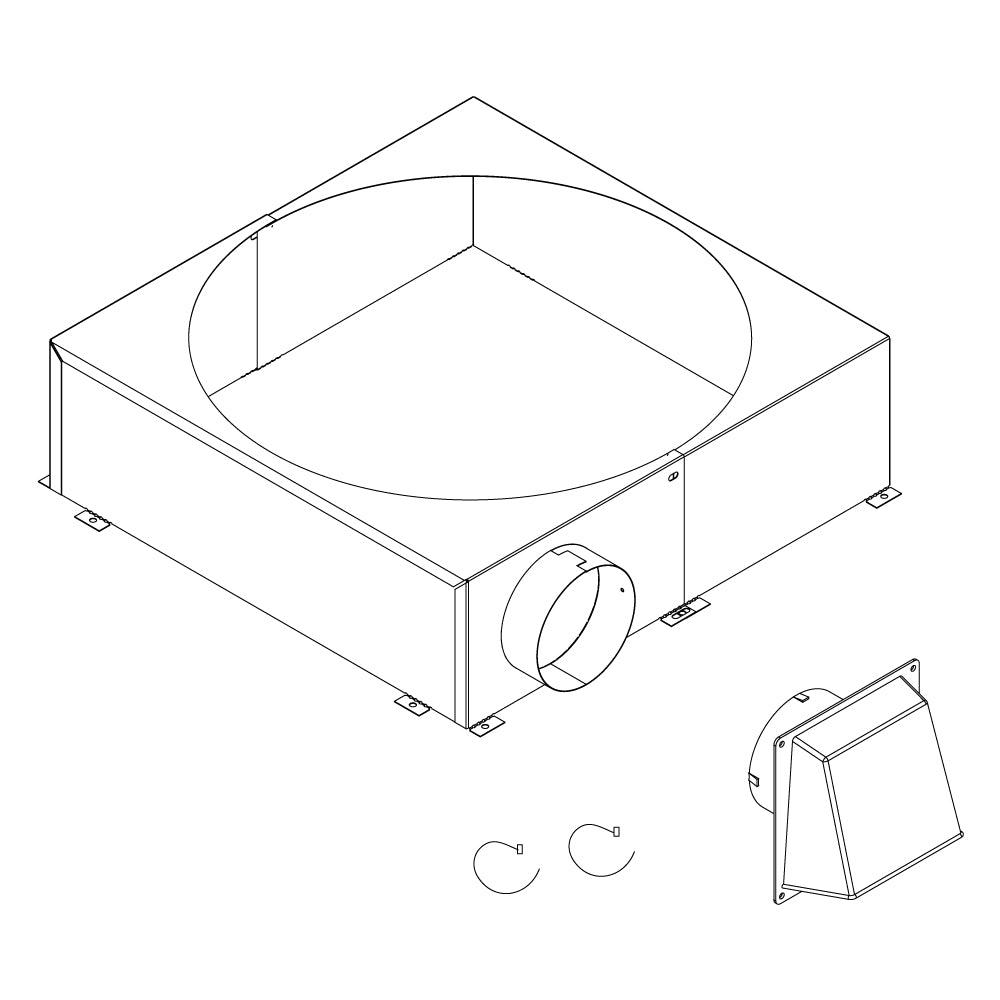 Chimney air kit housing with round duct opening and mounting clips, includes cover plate
