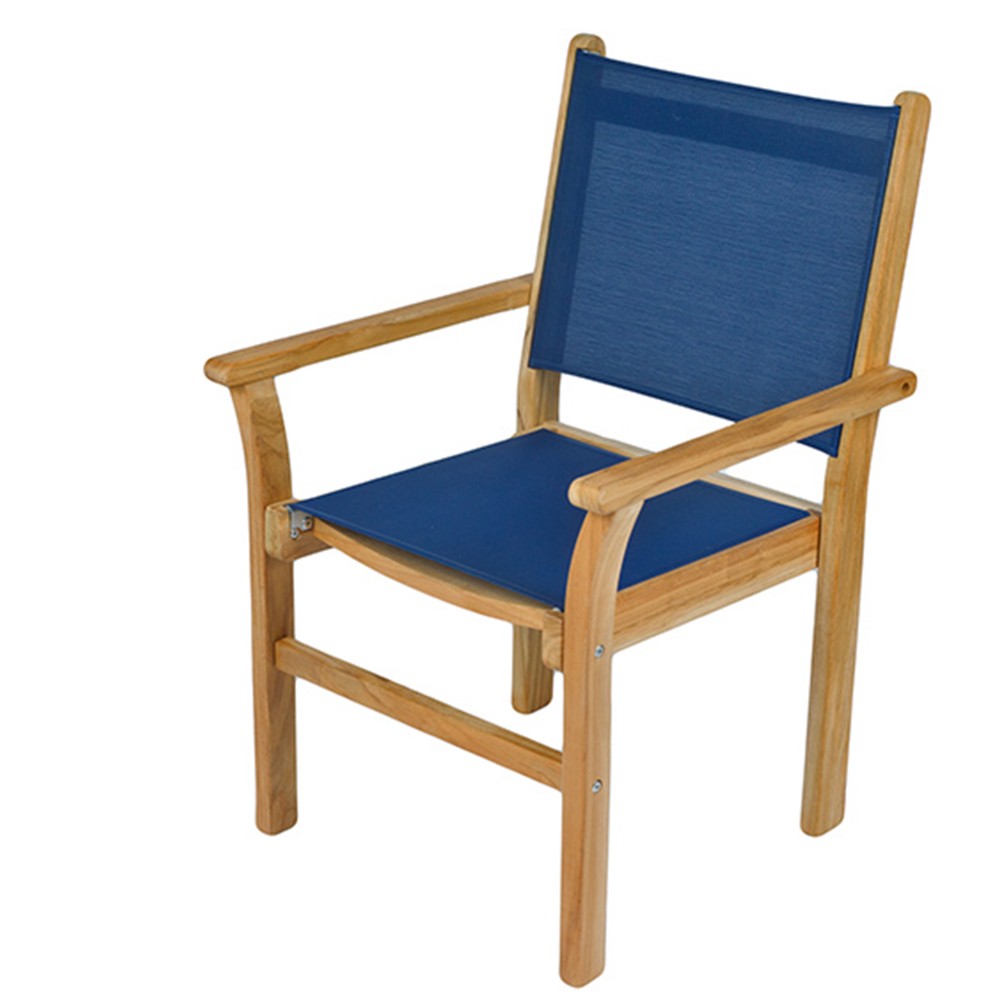 Teak sling stacking chair with navy fabric seat and backrest