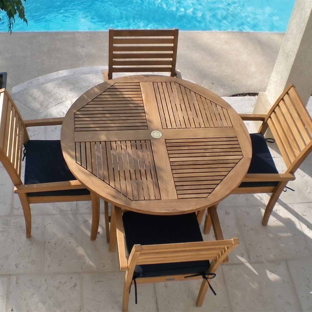 Teak slat chair with dark seat cushion and slatted backrest