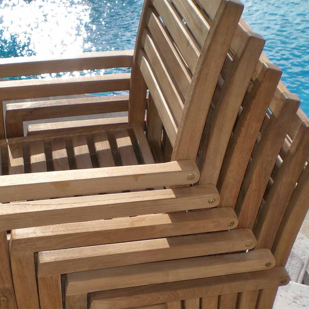 Teak sling chair close-up showing stacked frame and slatted panels