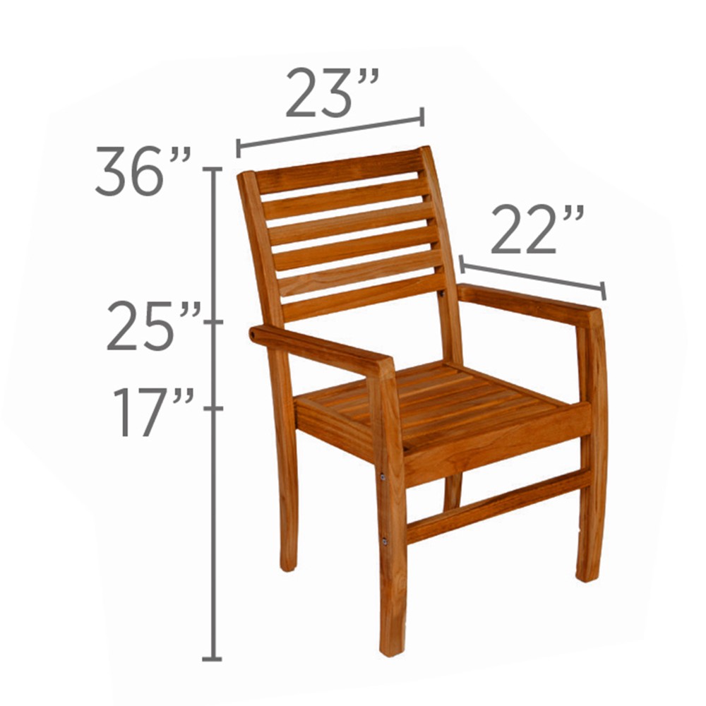 Teak sling chair dimension diagram with labeled height, width, and depth
