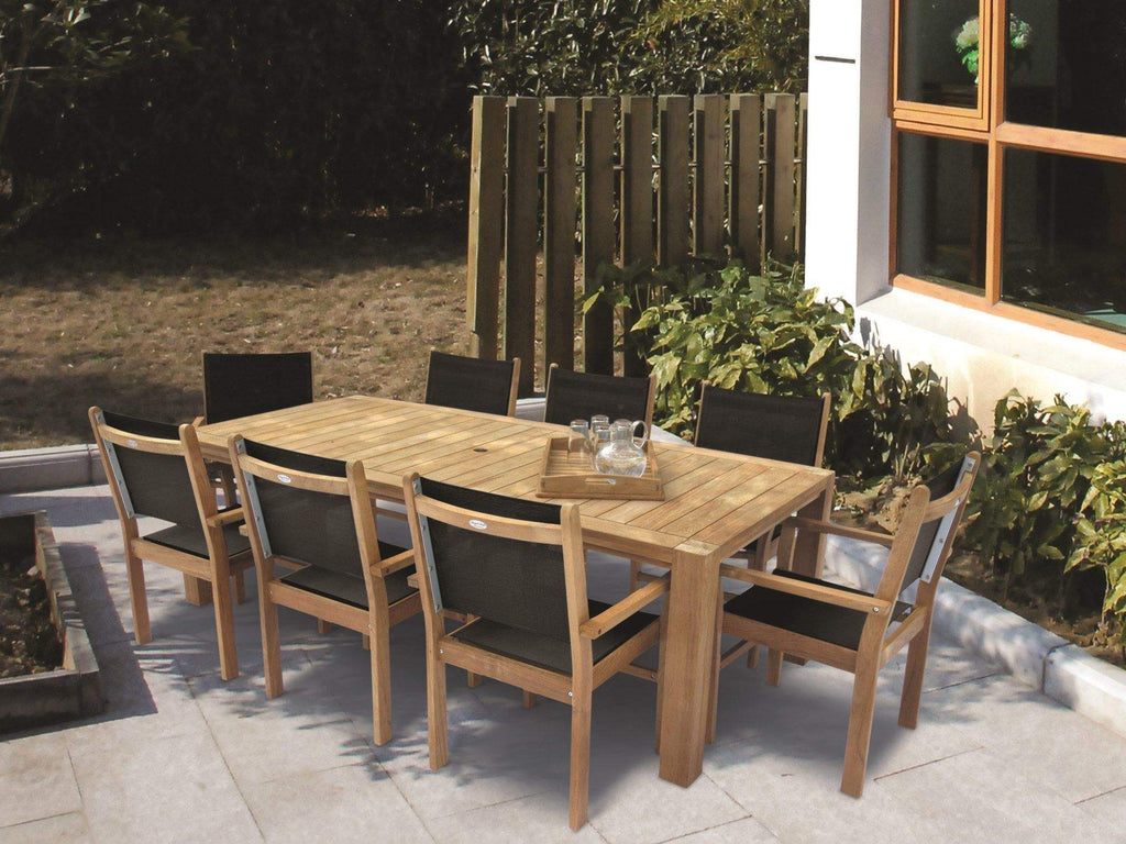 Outdoor sling stacking chair with dark gray fabric seat and back, wooden frame