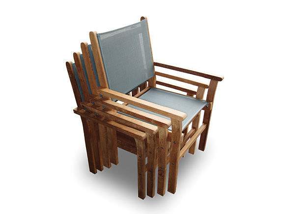 Sling stacking chair with light gray fabric seat and back, natural wood frame