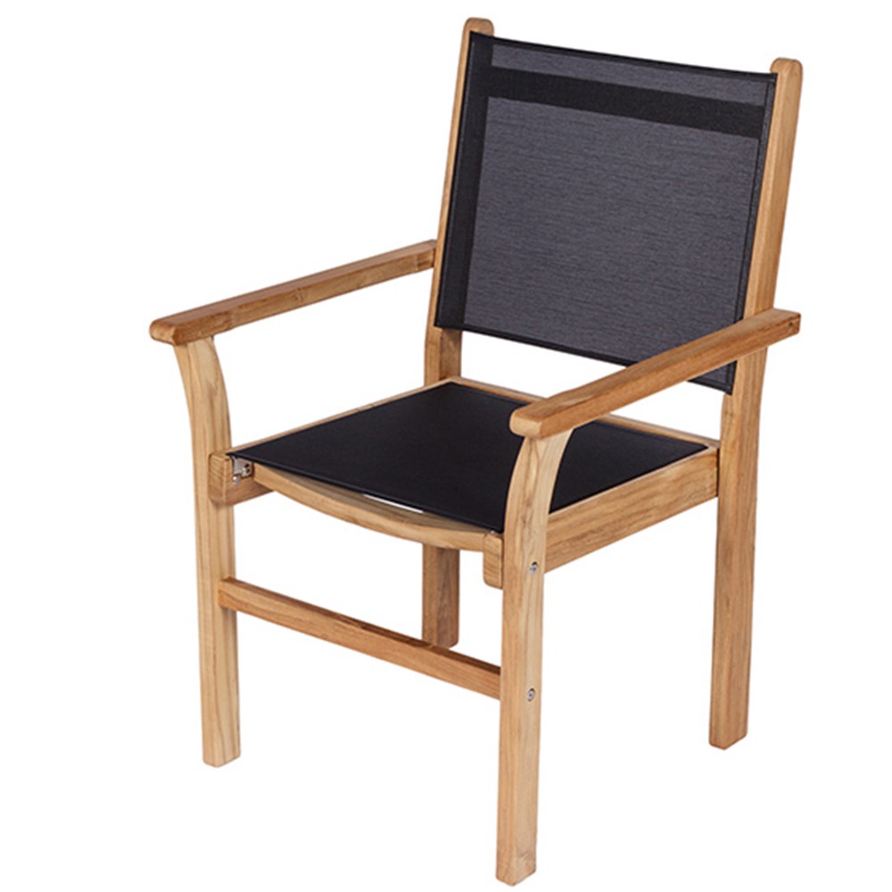 Captiva sling stacking chair with black fabric sling seat and back, wooden armrests