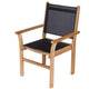 Captiva sling stacking chair with black fabric sling seat and back, wooden armrests