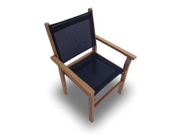 Sling stacking chair with dark navy fabric seat and back, light wood frame