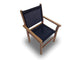 Sling stacking chair with dark navy fabric seat and back, light wood frame