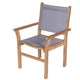 Captiva sling stacking chair with gray fabric sling seat and back, wooden armrests