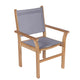 Sling stacking chair with light gray fabric seat and back, honey wood frame
