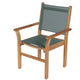 Captiva sling stacking chair with moss green fabric sling seat and back, wooden armrests