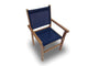 Sling stacking chair with deep blue fabric seat and back, light wood frame