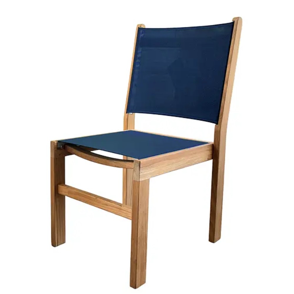Navy sling seat and back side chair with light wood armrests and frame