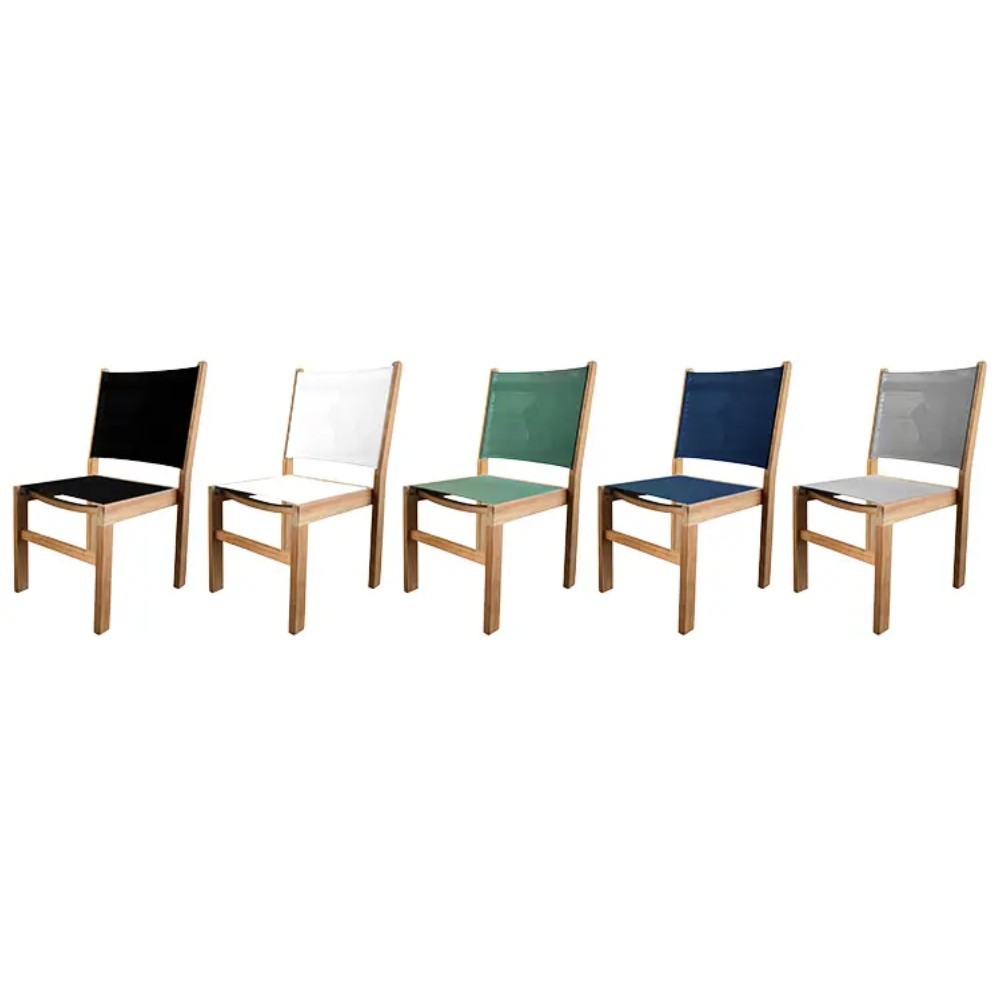 Set of sling side chairs in black, white, green, navy, and gray with wood frames