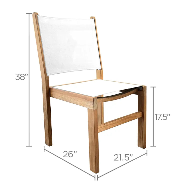 White sling seat and back side chair with light wood frame and armrests