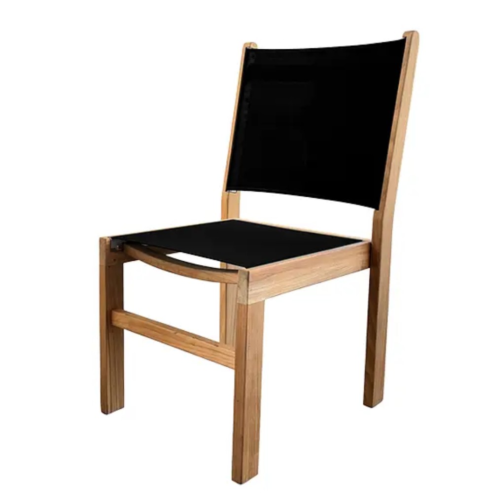 Black sling seat and back side chair with light wood armrests and frame