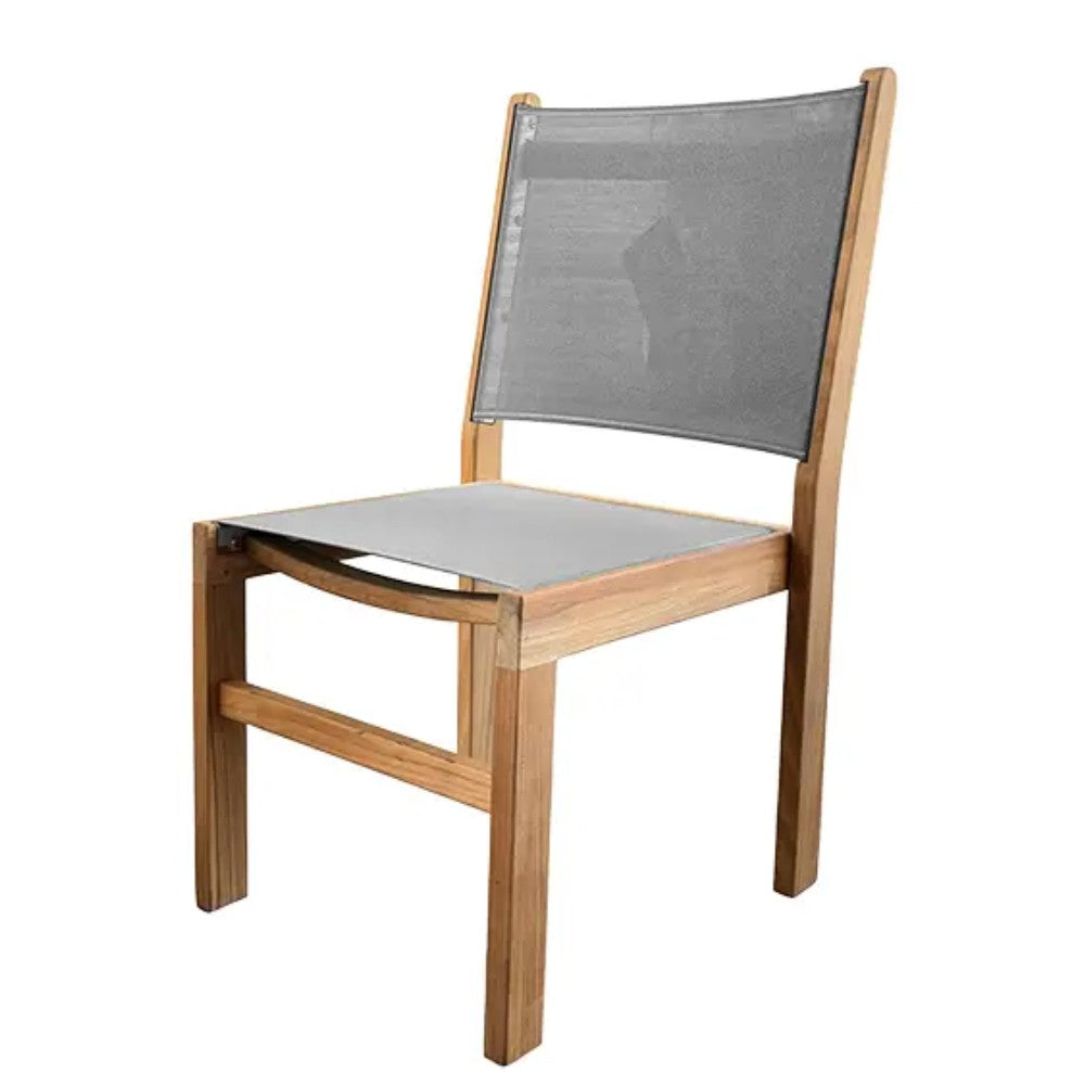 Gray sling seat and back side chair with light wood armrests and frame