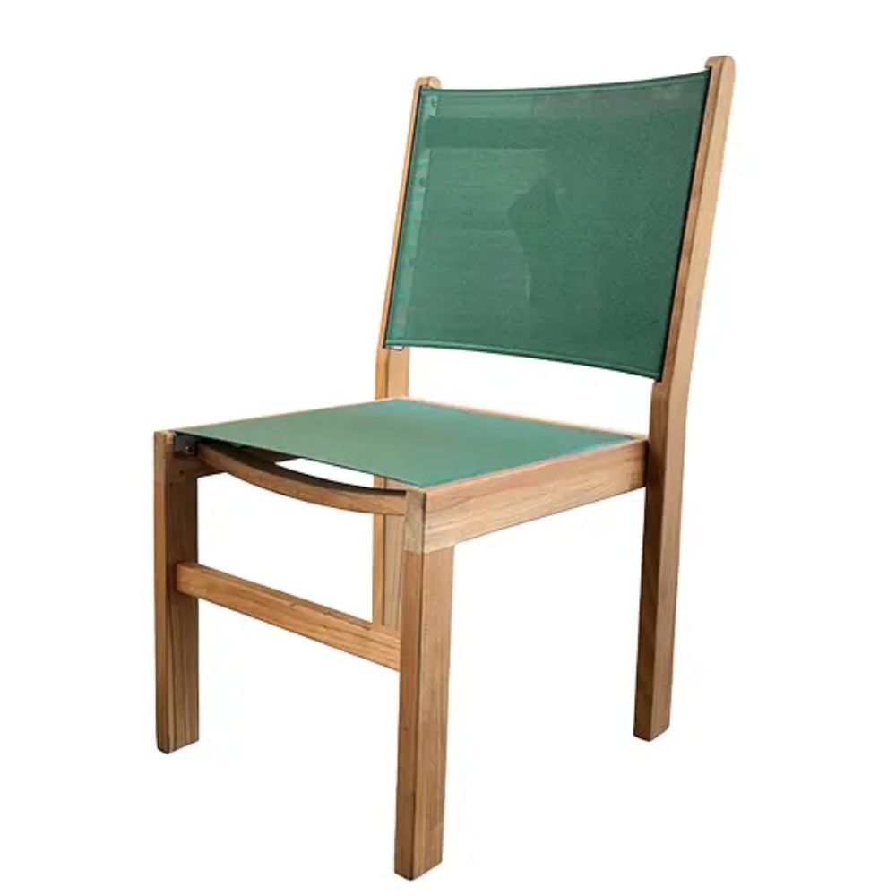 Green sling seat and back side chair with light wood armrests and frame