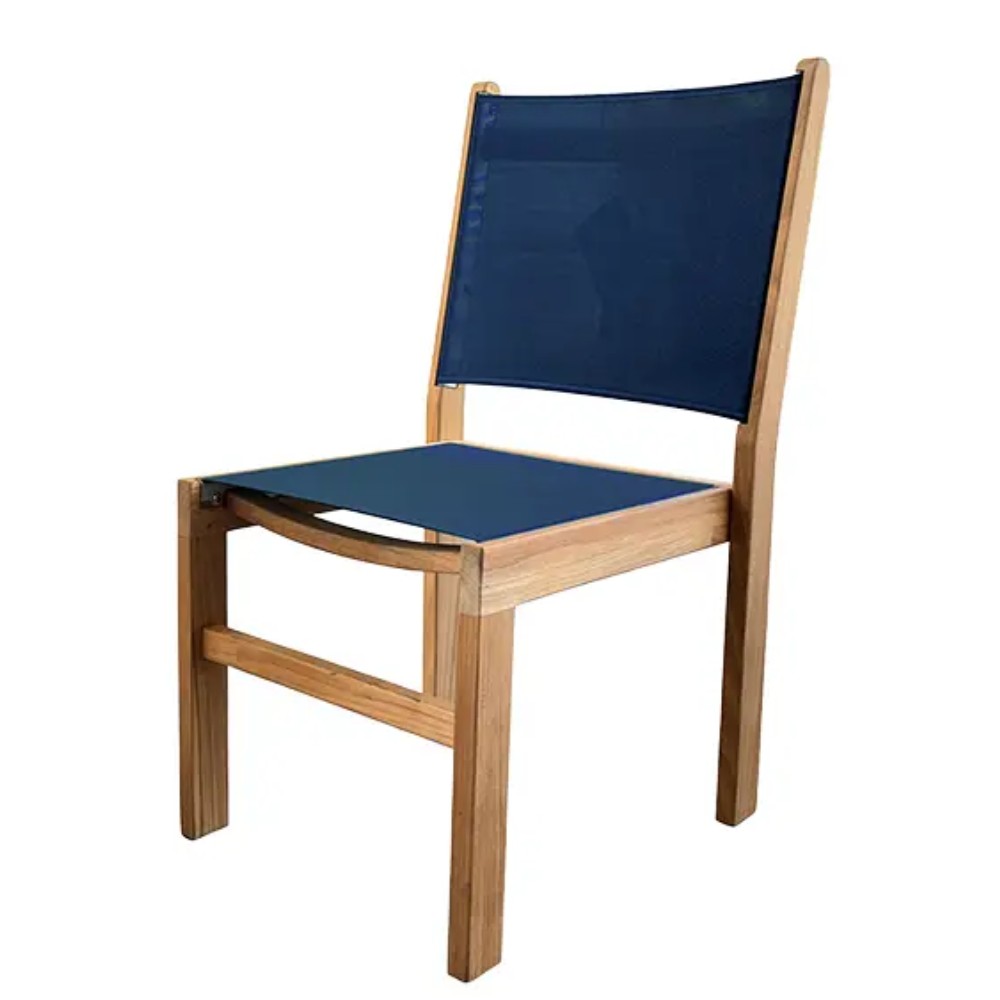 Navy sling seat and back side chair with light wood armrests and frame