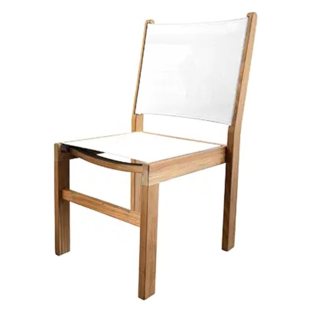 White sling seat and back side chair with light wood armrests and frame