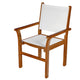 Teak sling stacking chair with white fabric seat and backrest