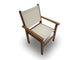 Sling stacking chair with white fabric seat and back, brown wood frame