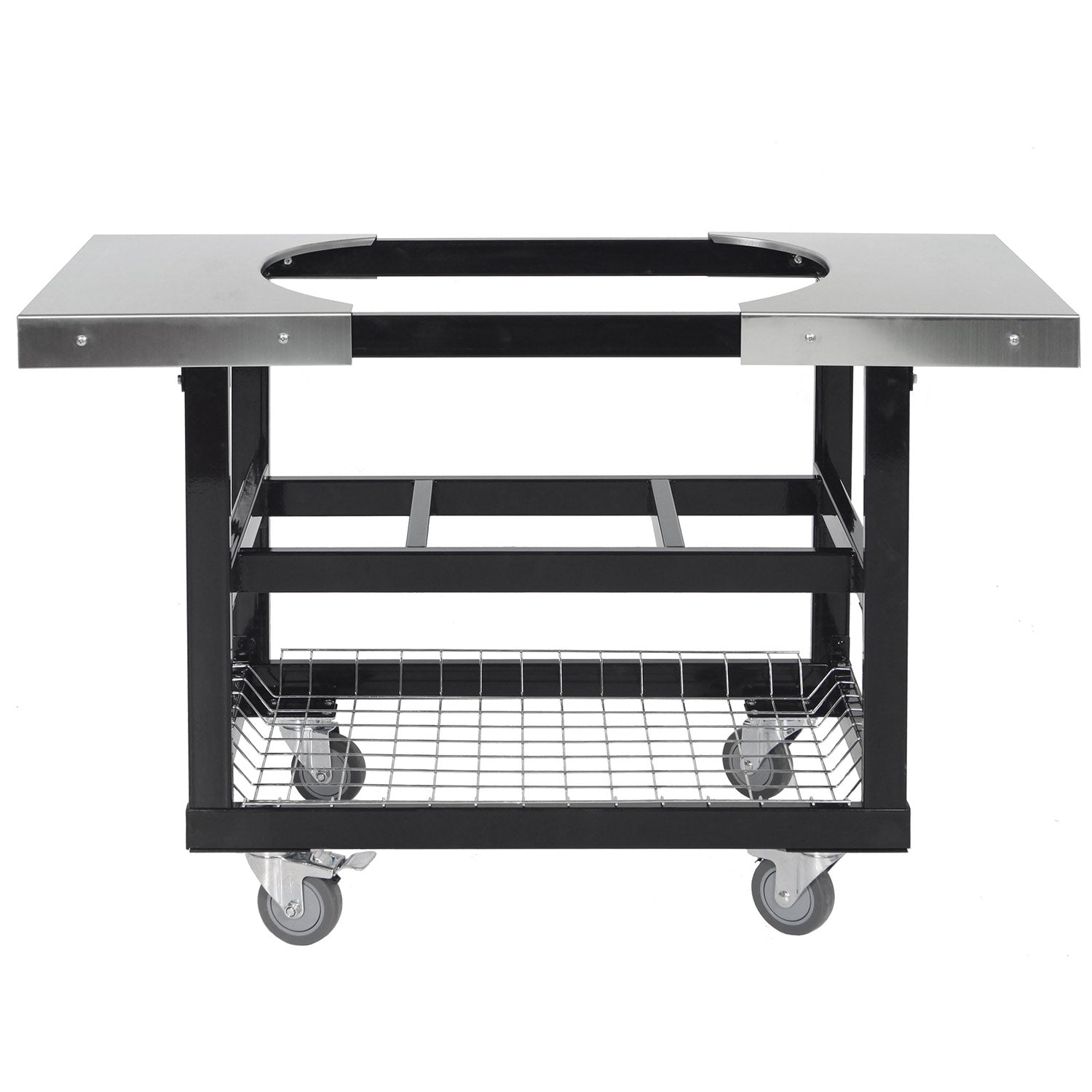 Grill cart with stainless top, black frame, wire shelf, and caster wheels