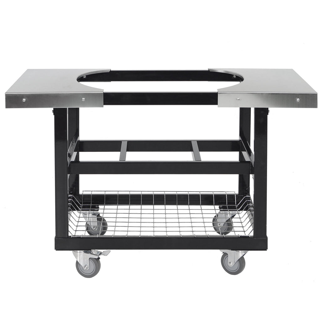 Grilling cart with stainless side shelves, wire rack base, and caster wheels