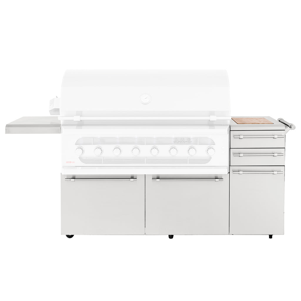 Freestanding grill cart with open lid, side shelves, control knobs, and cabinet doors